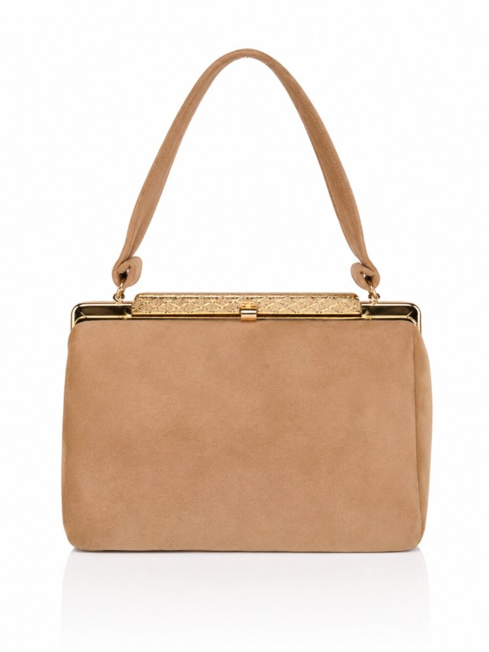 Vintage 60s Suede Leather Gold Hardware Handbag Tan Beige